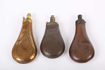 Lot 47 - 3 Various copper and brass powder flasks with...