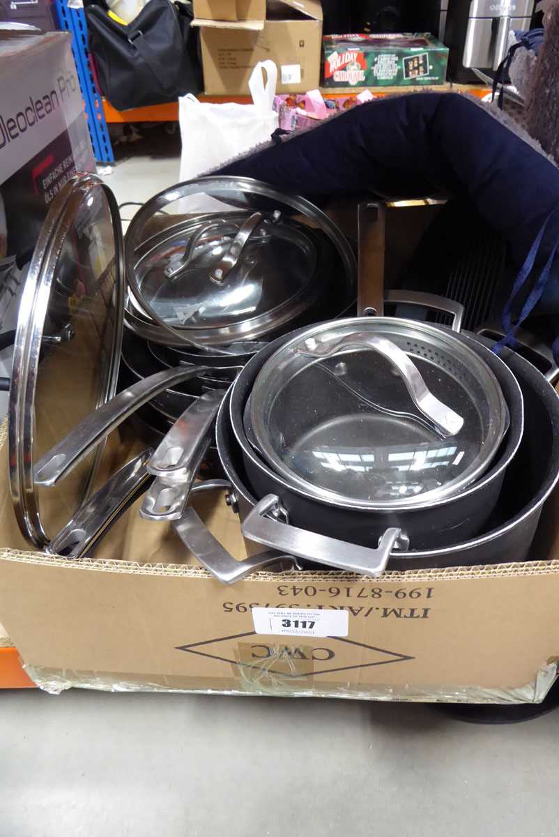 Lot 3117 Box of mixed Kirkland pots and pans