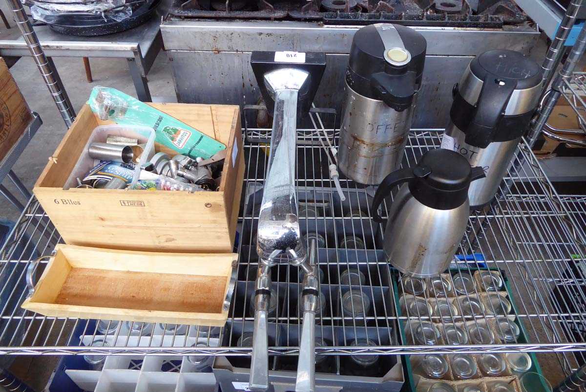 Lot 210 Shelf of hot drinks dispensers, beer font,