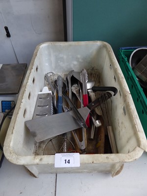 Lot 14 - Tray containing assorted chefs utensils