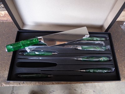 Lot 24 - Green handled cooking knife set in a box