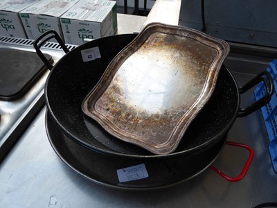 Lot 42 - 2 large woks, a paella dish and 2 silver...