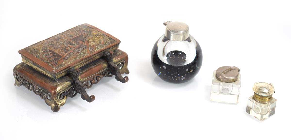 Lot 134 - A 1930's Japanned double inkwell, the coppered...