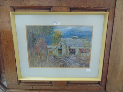 Lot 30 - A framed and glazed possible oil of barnyard...