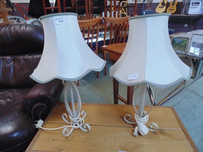 Lot 103 - A pair of cream painted metalwork table lamps