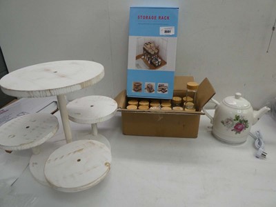 Lot 3551 - Cake stand, Box of spice jars, storage rack...