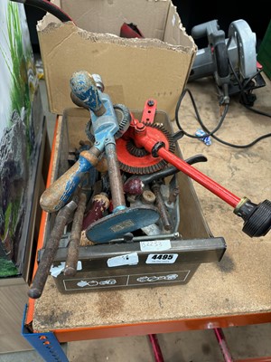 Lot 4495 - Box of assorted tools, to include drills,...