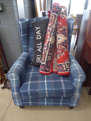 Lot 5386 - Blue tartan wingback armchair