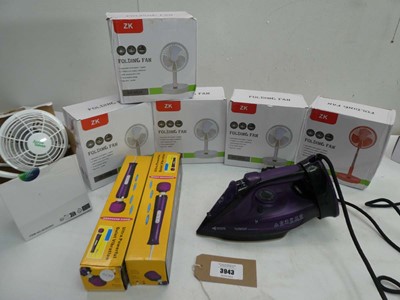 Lot 3943 - 5 folding fans, USB desk fan, Tower steam iron...