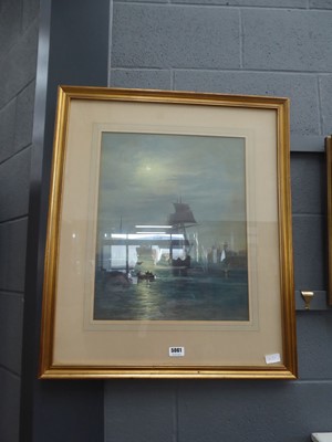 Lot 5061 - Watercolour of a harbour in moonlight