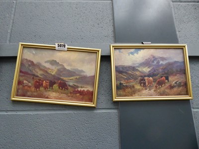 Lot 5070 - Pair of oils on board of Highland cattle