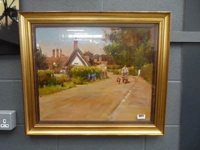 Lot 5071 - Oil painting of a figure in lane