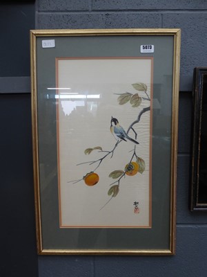 Lot 5073 - Chinese print of canvas of bird in fruit tree