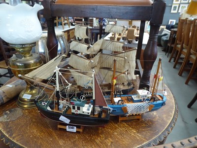 Lot 5141 - 3 models of fishing trawlers and sailing ship