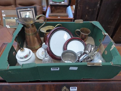 Lot 5228 - Box containing loose cutlery, copper jugs,...