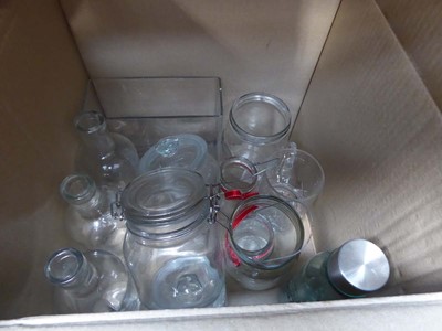 Lot 3307 - 2 boxes of glass jars, jugs, vases etc