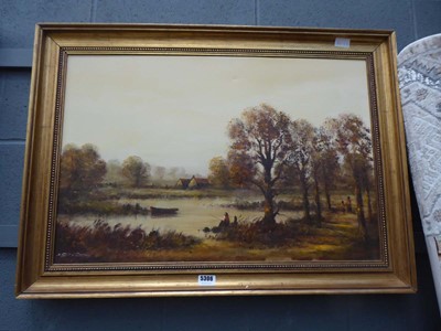 Lot 5306 - Oil on canvas - fisherman on lake