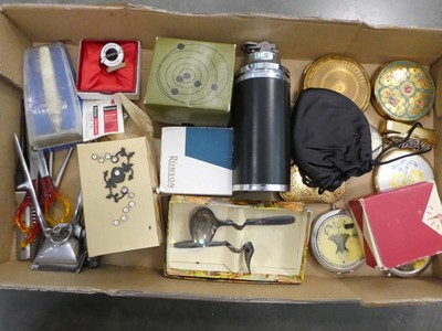 Lot 2482 - Box containing various items inc. travel alarm...