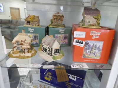 Lot 2605 - 3 boxed and 2 unboxed Lilliput Lane cottages