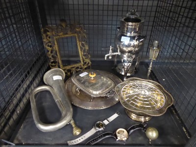 Lot 5582 - Cage containing trumpet, spirit kettle, photo...