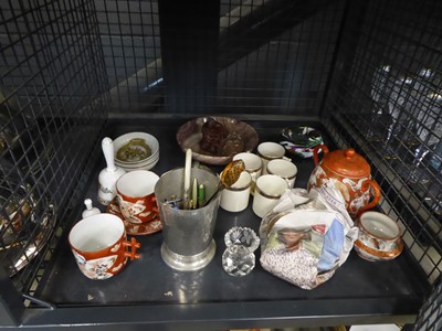 Lot 5595 - Cage containing pewter mug, loose cutlery,...