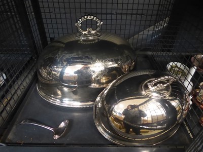 Lot 5597 - Cage containing silver-plated meat covers, and...