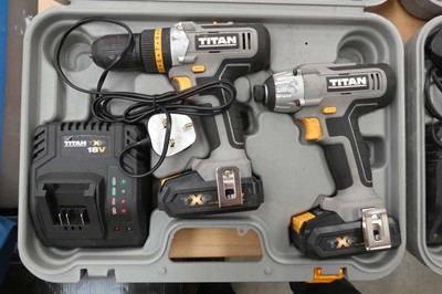 Lot Cased Titan cordless 18V 2 piece drill kit...