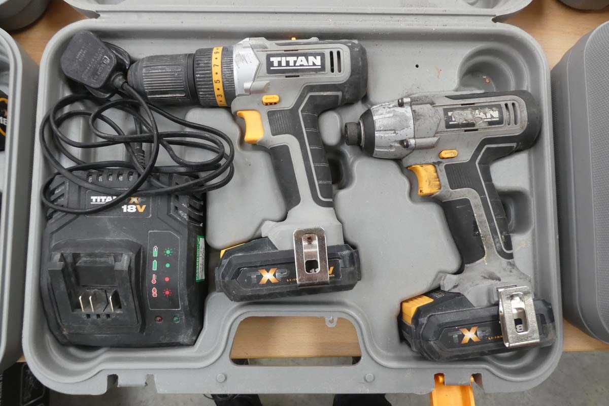 Lot Cased Titan cordless 18V 2 piece drill kit...