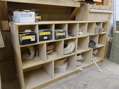 Lot 92 - Plywood pigeon hole rack containing sanding...