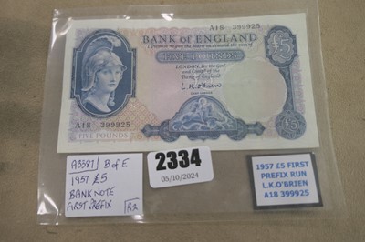 Lot 2334 - Bank of England 1957 £5 bank note first prefix...