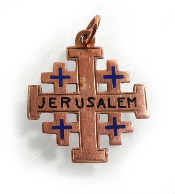 Lot A rose gold and blue enamelled Jerusalem charm...