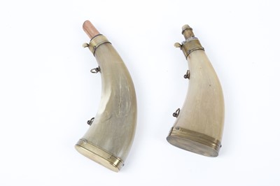 Lot 4 - Two flat sided horn powder or shot flasks with...