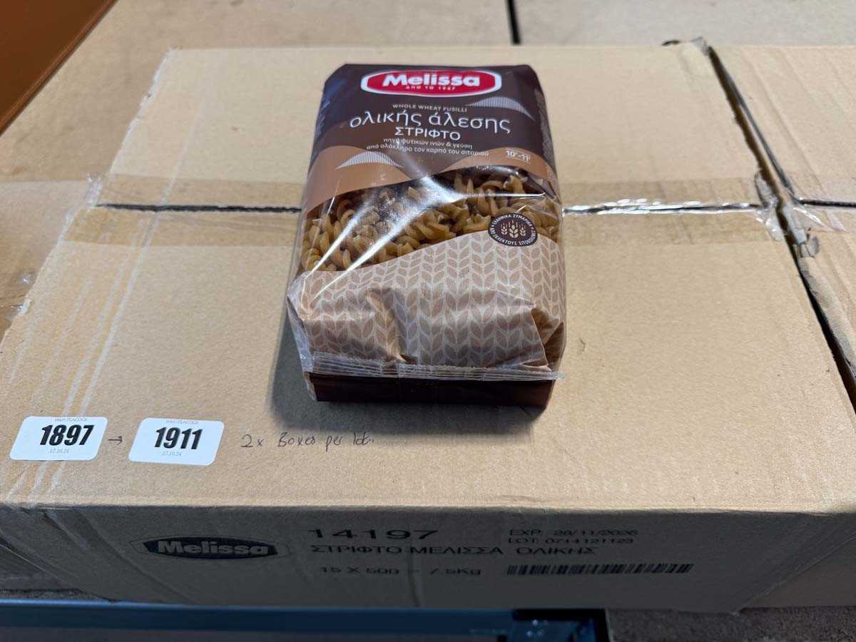 Lot 1898 - 2x boxes Melissa Wholewheat Fusilli, 15x 500g...