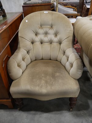 Lot 1037 - Green button back upholstered open armchair on...