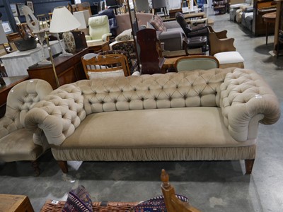 Lot 1038 - Green button back upholstered sofa on tapered...