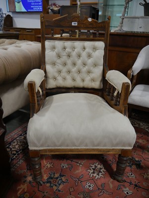 Lot 1042 - Wooden framed beige button back upholstered...