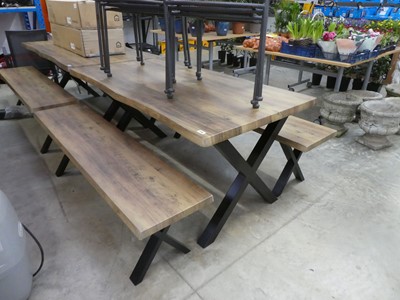 Lot 2115 - Modern rustic oak effect 3 piece picnic bench set