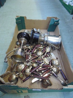 Lot 481 - A tray of flatware, trophies, etc