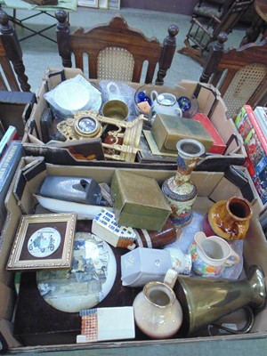 Lot 490 - Two trays containing glassware, brass jug,...