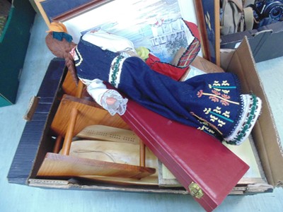 Lot 498 - A tray of assorted wooden items, costume doll,...