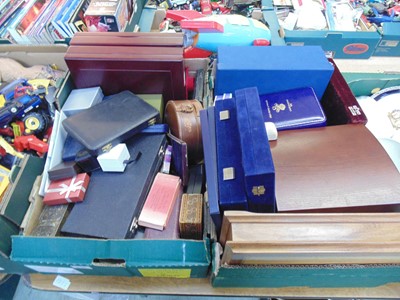 Lot 520 - Two trays containing jewellery boxes, flatware...