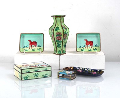 Lot 318 - An enamelled hinged box decorated with ponies,...