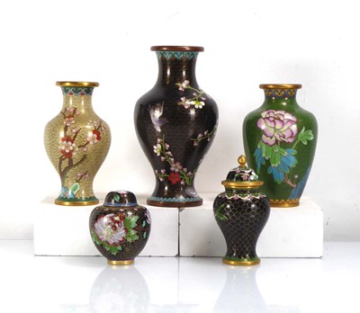 Lot 323 - Three modern cloisonné enamel vases and two...