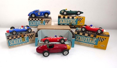 Lot 367 - Six Scalextric slot cars including Porsches,...