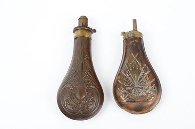 Lot 28 - Two bag shaped copper and brass powder flasks...