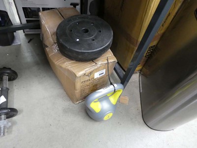 Lot 3394 - 2 x 5kg weight plates, 4kg dumbbell and 30kg...