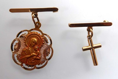 Lot A yellow metal bar brooch suspending a Madonna...