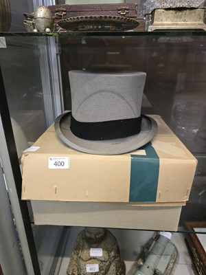 Lot 400 - A boxed grey top hat by Moss Bros of Covent...