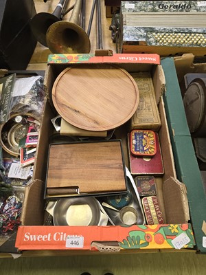 Lot 446 - A tray containing old tins, stainless steel...