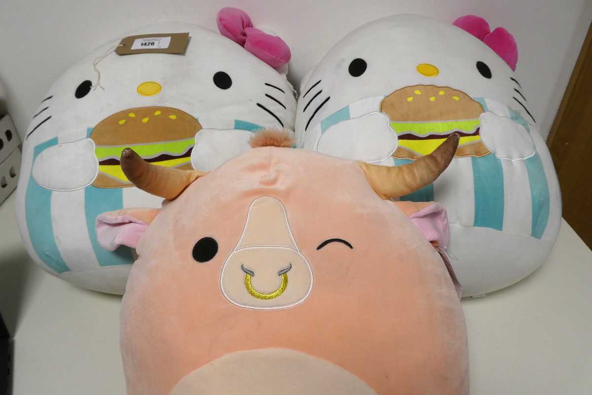 Lot 1426 - 3 Squishmallows - 2 Hello Kitty eating burger,...